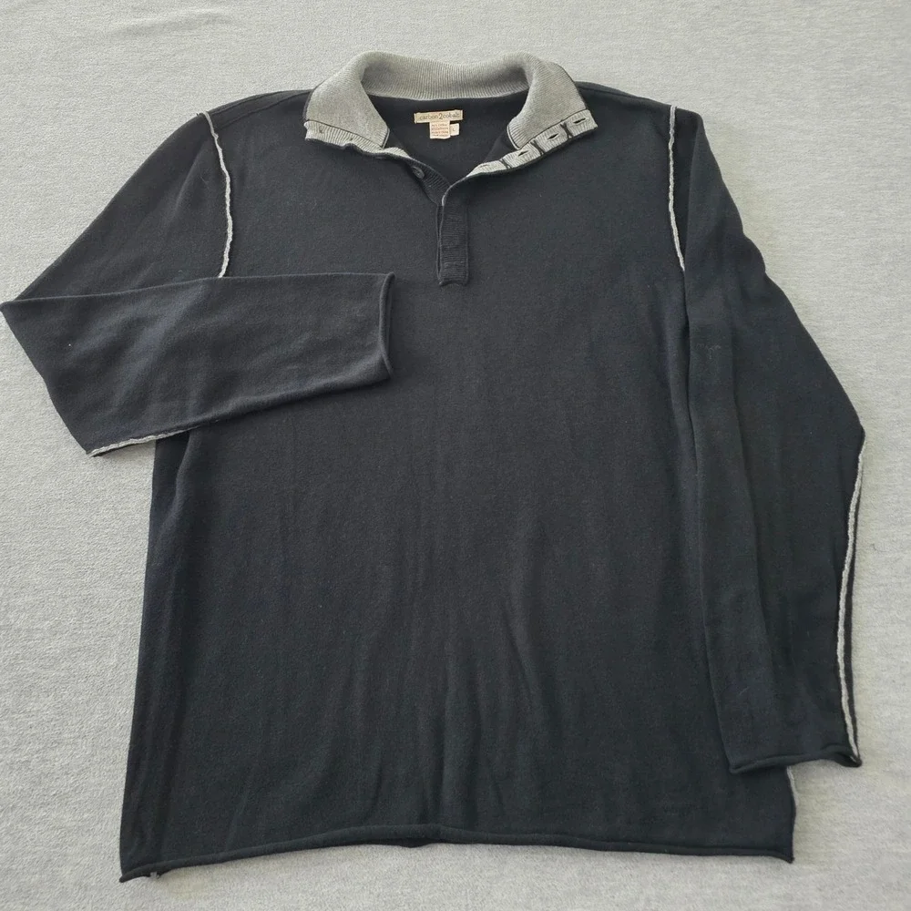 Carbon2Cobalt Mens Black Cotton Cashmere Button Mock Neck Pullover Sweater L
